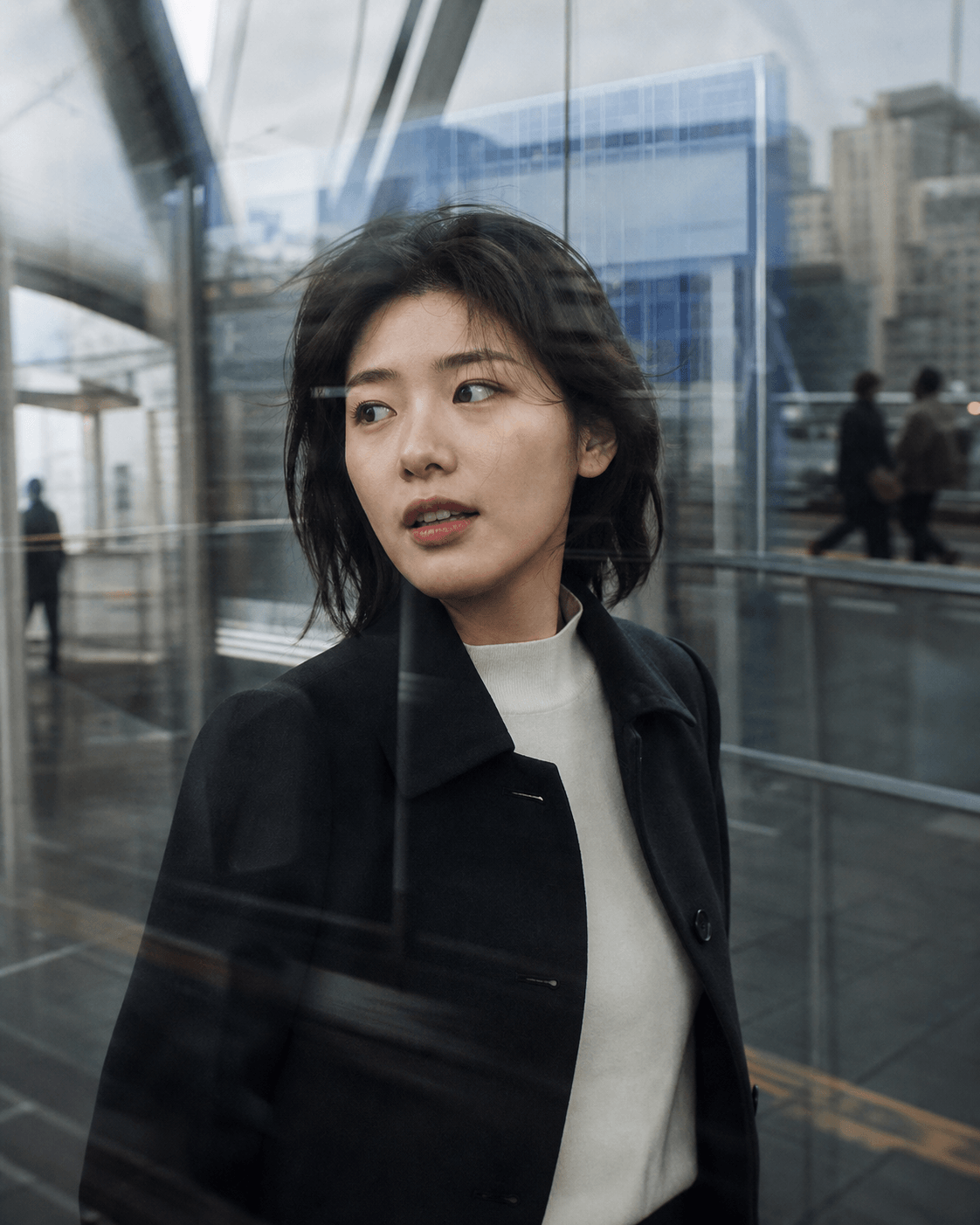 도시 이동 공간의 반사광 속 성인 한국 여성 크리에이터